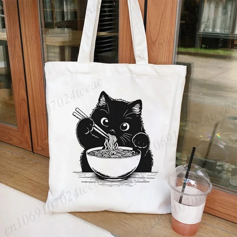 New Funny Cat Ramen Noodle Anime Shoulder Bag for Women Casual Reusable Shopping Bag Japanese Anime Manga Ramen Cat Tote Bag