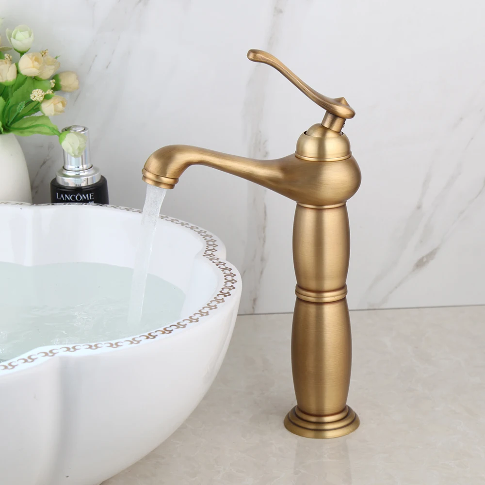 

YANKSMART Antique Brass Washbasin Bathroom Faucet Single Handle Basin Sink Deck Mounted Bath Faucets Hot & Cold Mixer Water Tap