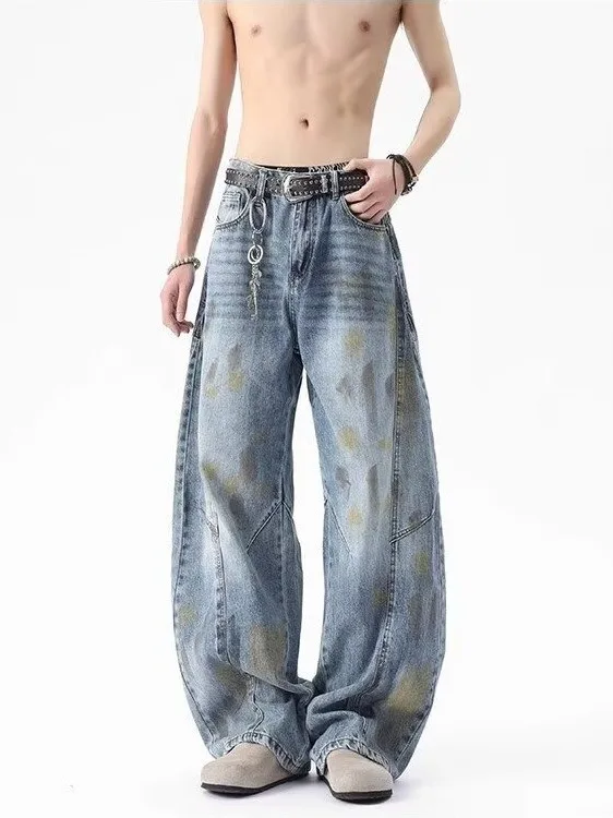 

Retro American Vintage Distred Knife Jeans Loose Straight Leg Wide Leg Floor Length Tied Dye Design Casual Jeans