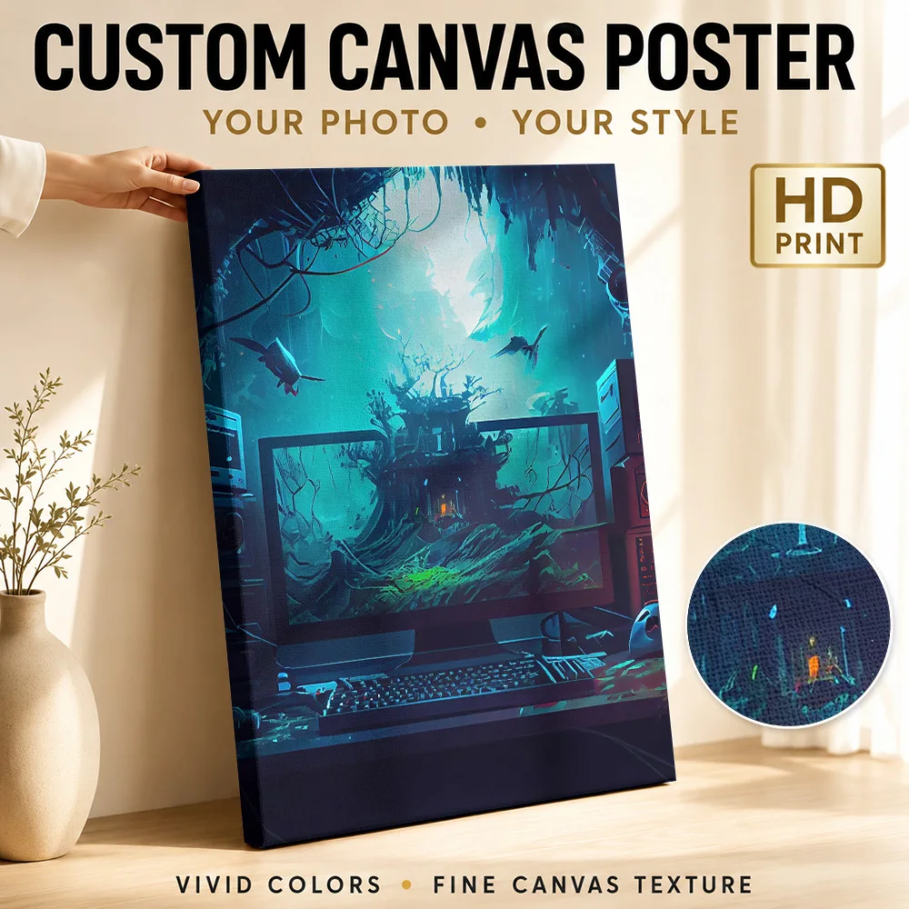 Gaming Coming To Life Monitor Scene Canvas Posters Bold Typography Wall Decor With Customized Photo For Teen Room Ideal Fan Gift