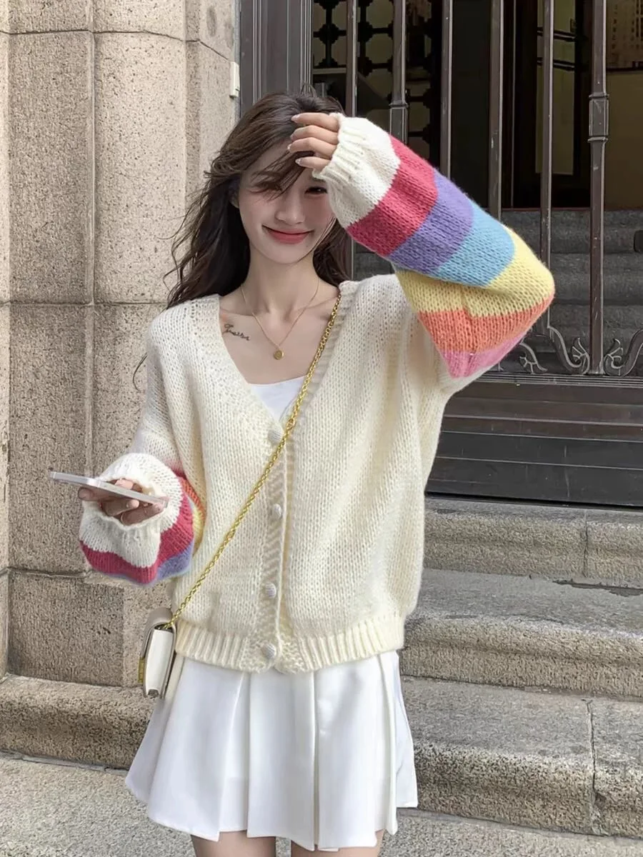 Spring Autumn Rainbow Long Sleeve Sweater Cardigan Women Button Up V-neck Knit Sweater Coat Korean Style Beige Kawaii Cardigan