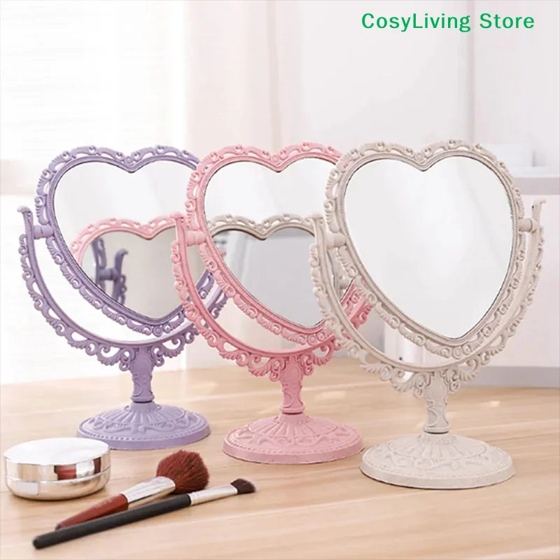 Portable Double-side Heart Shape Desktop Mirror Vanity Makeup Mirror Hand Mirror Cosmetic Compact Mirror