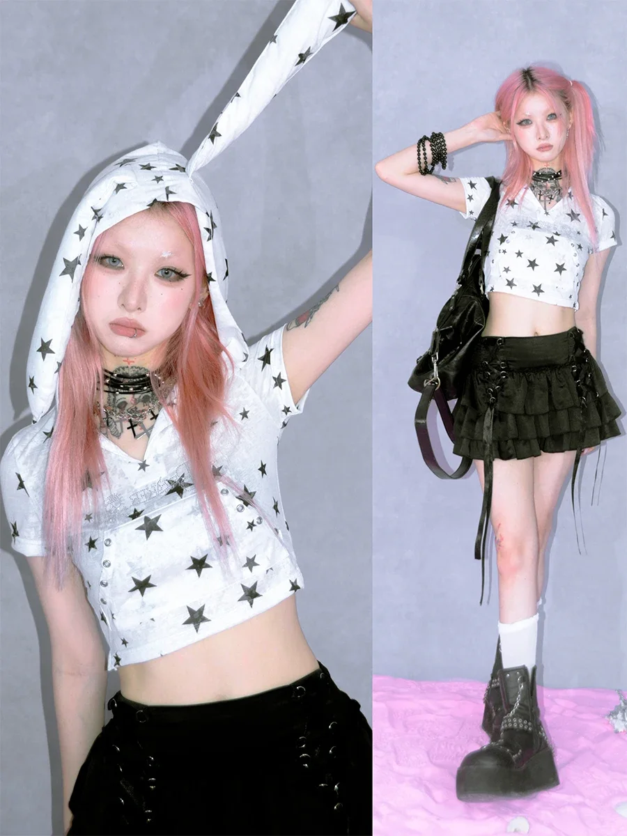 IMU Hbreaker Hot Girls Stars Printing Short Tshirt Cute Kawaii Japanese Rabbit Ear Hooded Crop Top Women Summer White Tee Tops