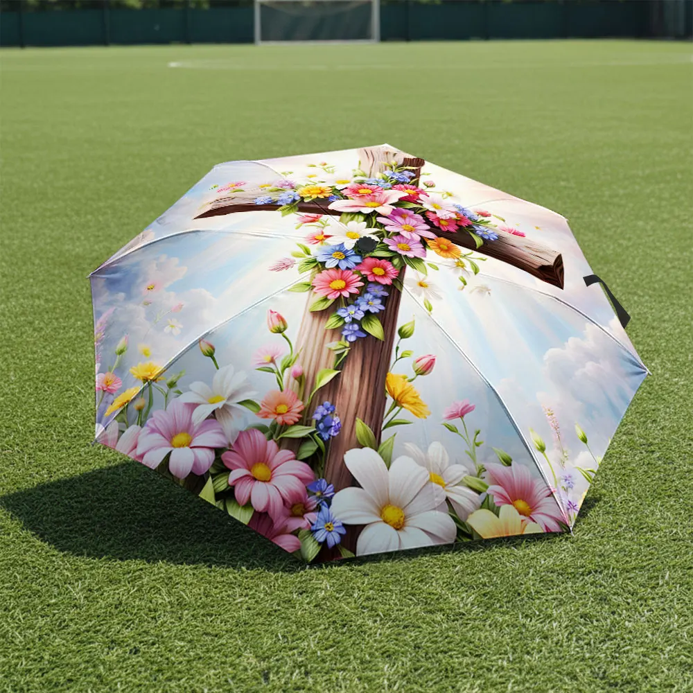 1P C Floral Cross Design Umbrella with Elegant Scenic Background Print 8 Iron Ribs Folding Umbrella Auto-Open Fashion Sunshade