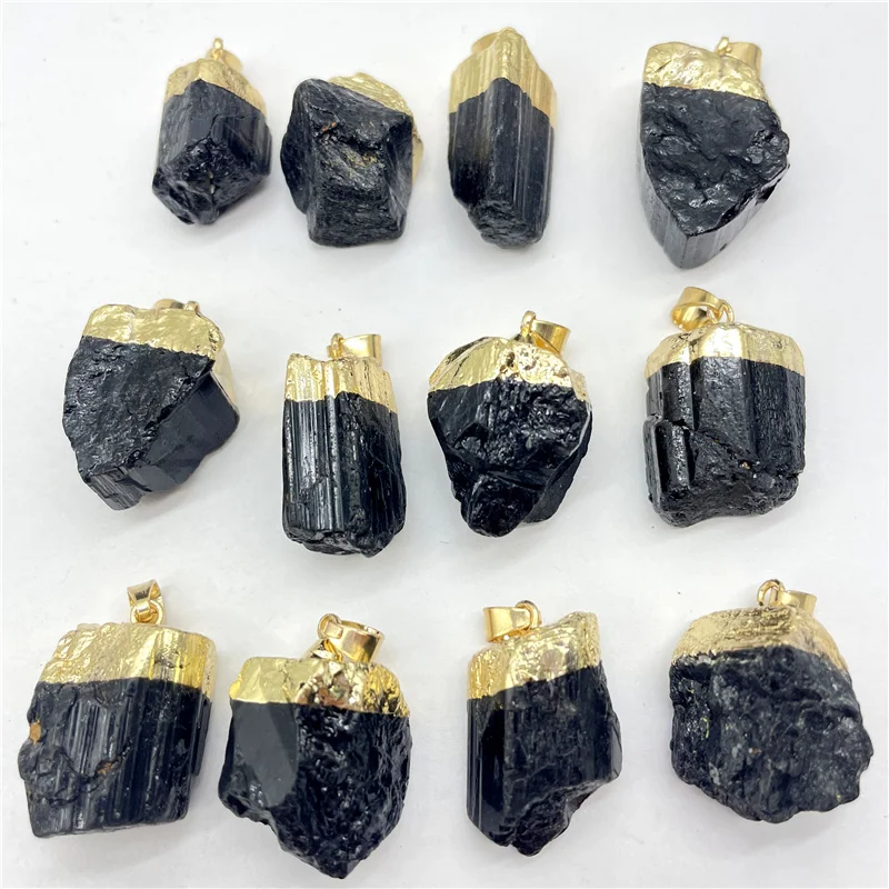 New Natural Gem Stone Black Raw Ore Tourmaline Gilt Irregular Shape Pendant Reiki Healing Energy Jewelry Making Necklace 12pcs