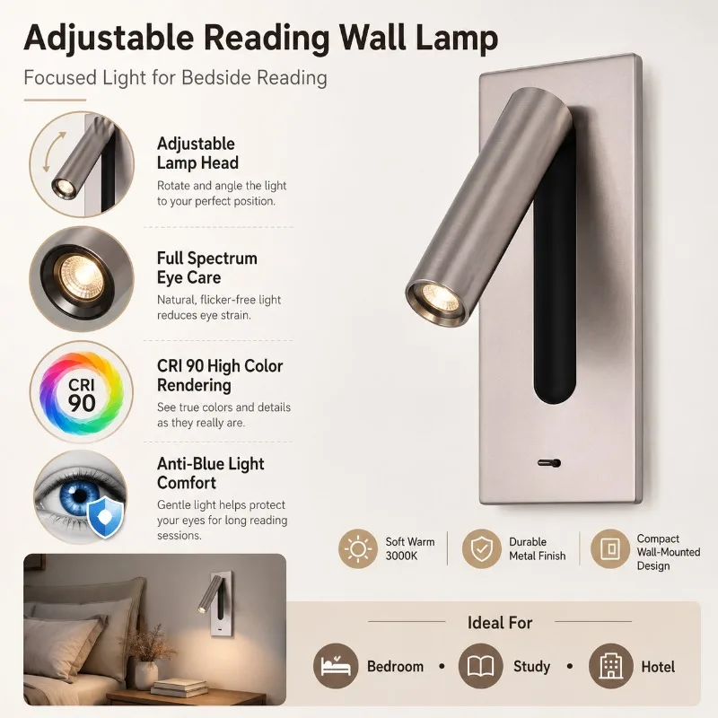 Modern Bedside Reading Wall Light 3000K LED Adjustable Pull Switch Full Spectrum for Hotel Bedroom Study Living Room Wall Light