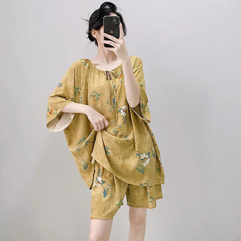 Cotton Silk Pajamas Sets Women's Summer Short-sleeved Tops Shorts Pants 2PCS Large Size Print Sleepwear Set Thin Loungewear Suit 3