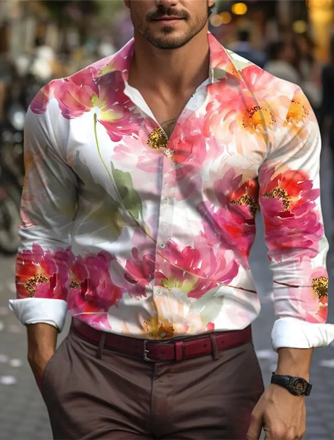 2024 Rose Floral Men's Casual 3D Printed Shirt Daily Wear Going out Spring Turndown Long Sleeve 4-Way Stretch Fabric Shirt