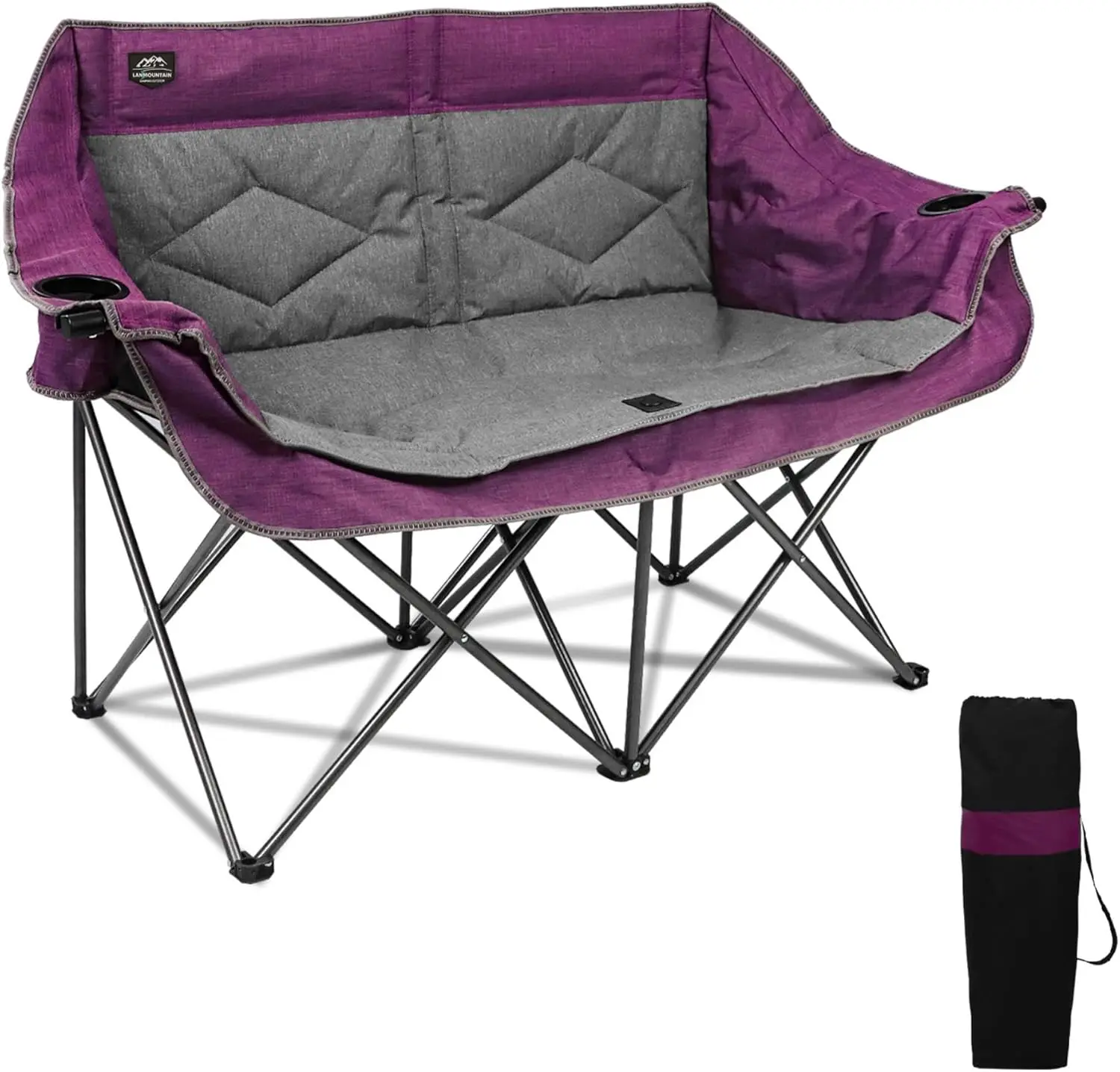 

Folding Loveseat Camping Chair,Portable Double Chair W/Cup Holder,Wine Glass Holder,Carry Bag Heavy Duty Lawn Chair For 2