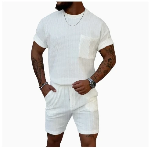 

2025 spring and summer men's new trendy waffle round neck pocket short-sleeved shorts suit casual sports suit for men tracksuits