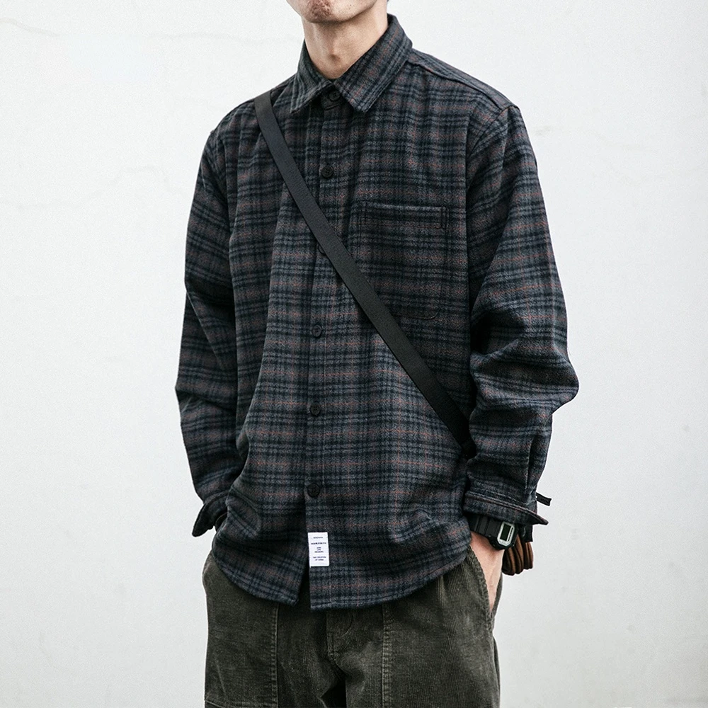 

American Retro Brushed Plaid Shirt Male Fashion Casual Thick Couple Clothes Japanese Streetwear Coats Harajuku Top Men