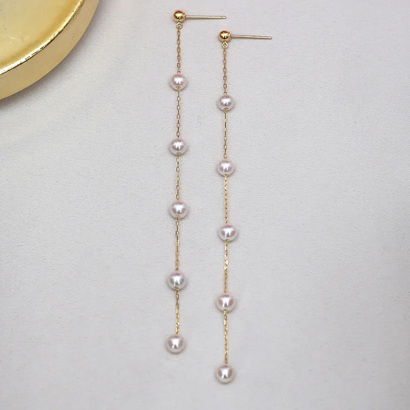 

NYMPH Новые 18K золотые серьги, ювелирные украшения AU750, натуральный Akoya жемчуг, круглые длинные висячие серьги, вечерние, подарок для женщин E627