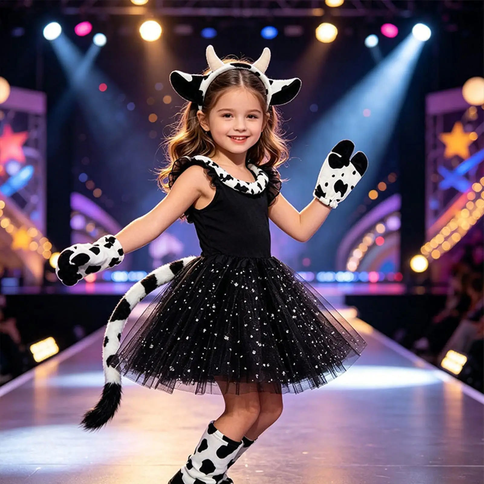 Kids Cow Costume Girls Dress Costume Set With Cow Headband Tail Gloves Tutu Dress For Concert Party Cosplay Carnival Masquerade