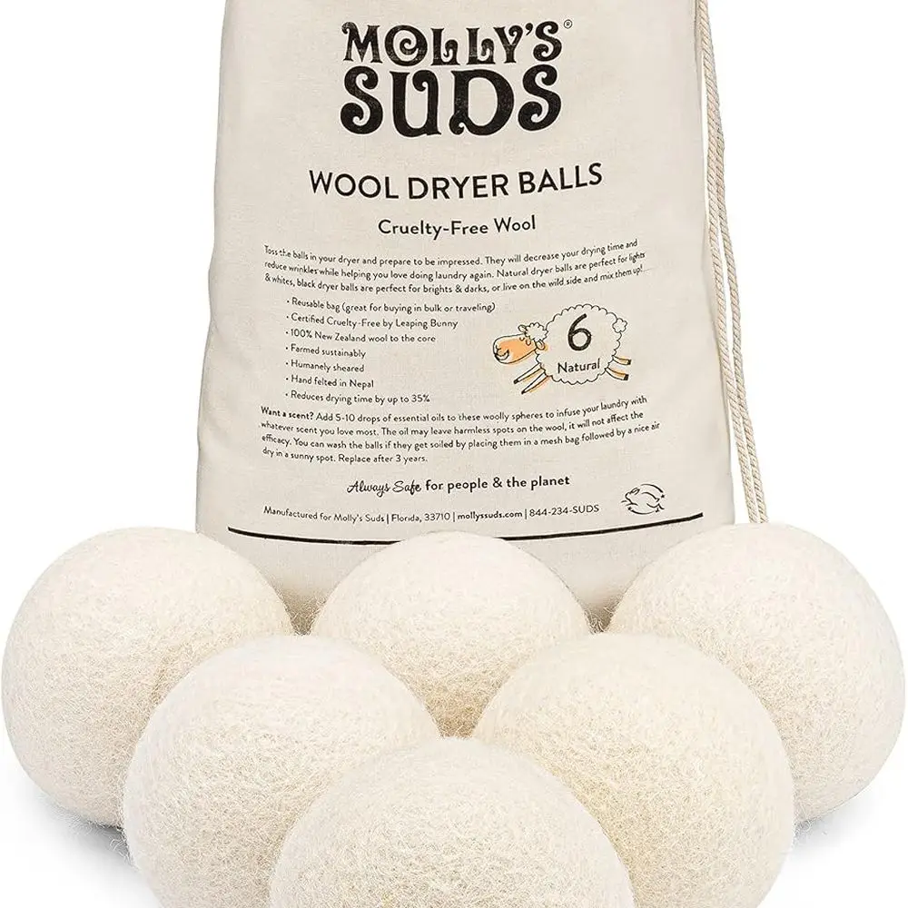 Bolas secadoras de lana Molly's Suds | XL, suavizante de telas orgánicas premium, hipoalergénico, fieltro a mano, reutilizable, reduce el tiempo de secado |