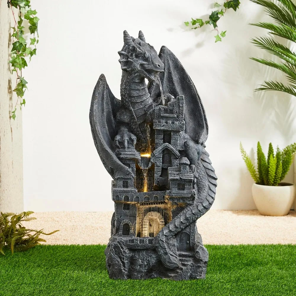 

4-Tiered Cascading Outdoor Water Fountain for Garden Patio Yard Mystical Gothic Dragon Water Fountains Outdoor
