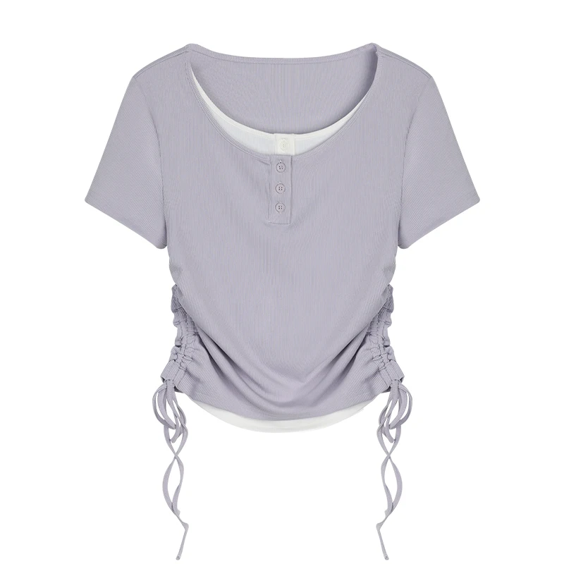 ALXNAN Plus Size Women's T-shirt Purple Elegant Short Sleeve T-shirt 2025 Summer Round Neck Drawstring Waist Tops Ladies D10588