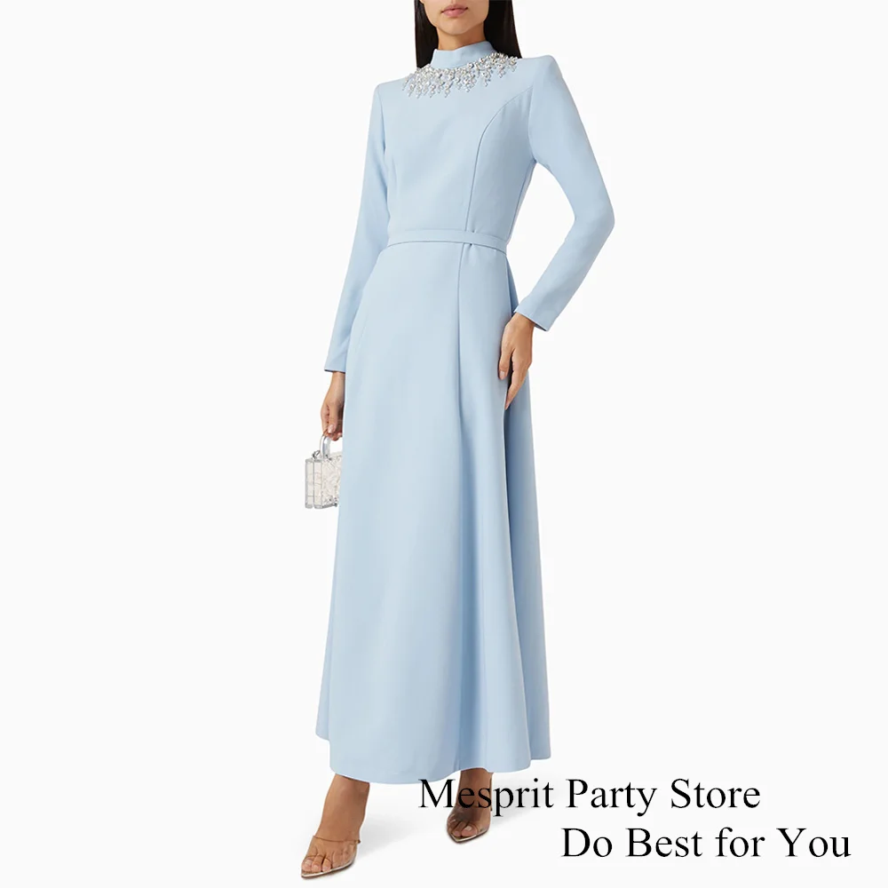 Light Blue Prom Dress Beads Customized High Neck A Line Pocket Dubai Party Gown for Formal Occasions Eid Evening Dresses