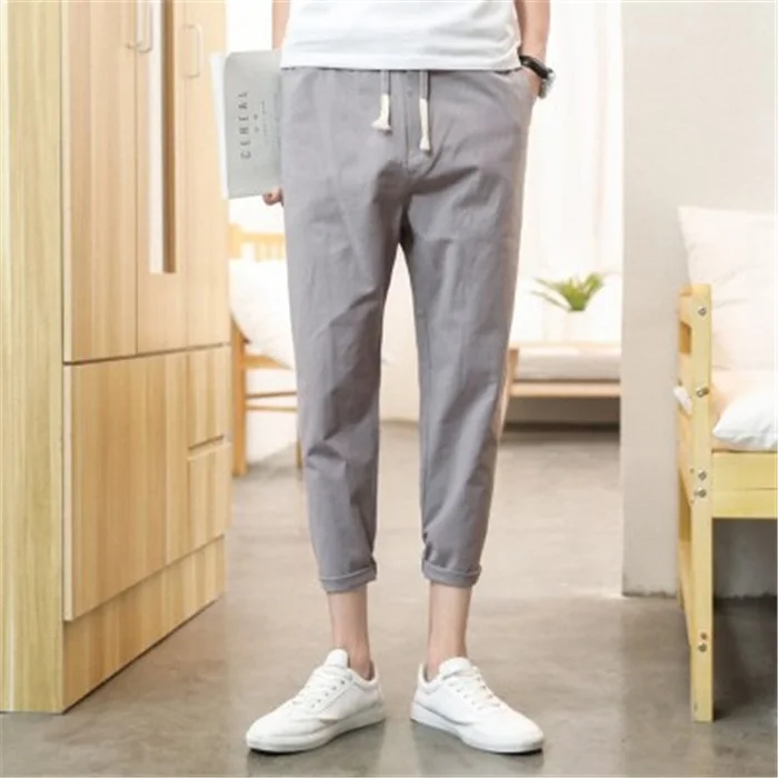 Trendy Cotton Lin Men's Straight Leg Casual Pants Breathable Loose Fit Spor Nine-quarter Length Teenager Summer Loose Clothes