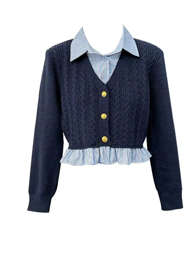 Vintage Preppy Style Women Knitwear 2024 Autumn Korean Fake Two-piece Contrast Color Sweater Lady Commuter Tops