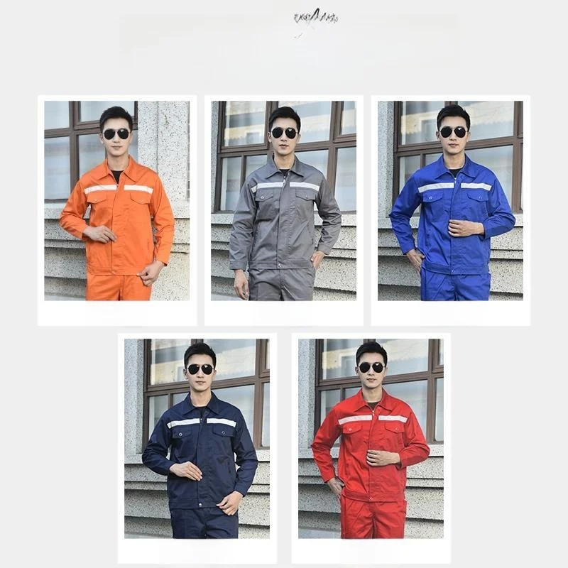 Męski zestaw roboczy na wiosnę/lato z długim rękawem, z odblaskowymi paskami, odporny na zużycie, młodzieżowy, z mieszanki bawełny i poliestru.