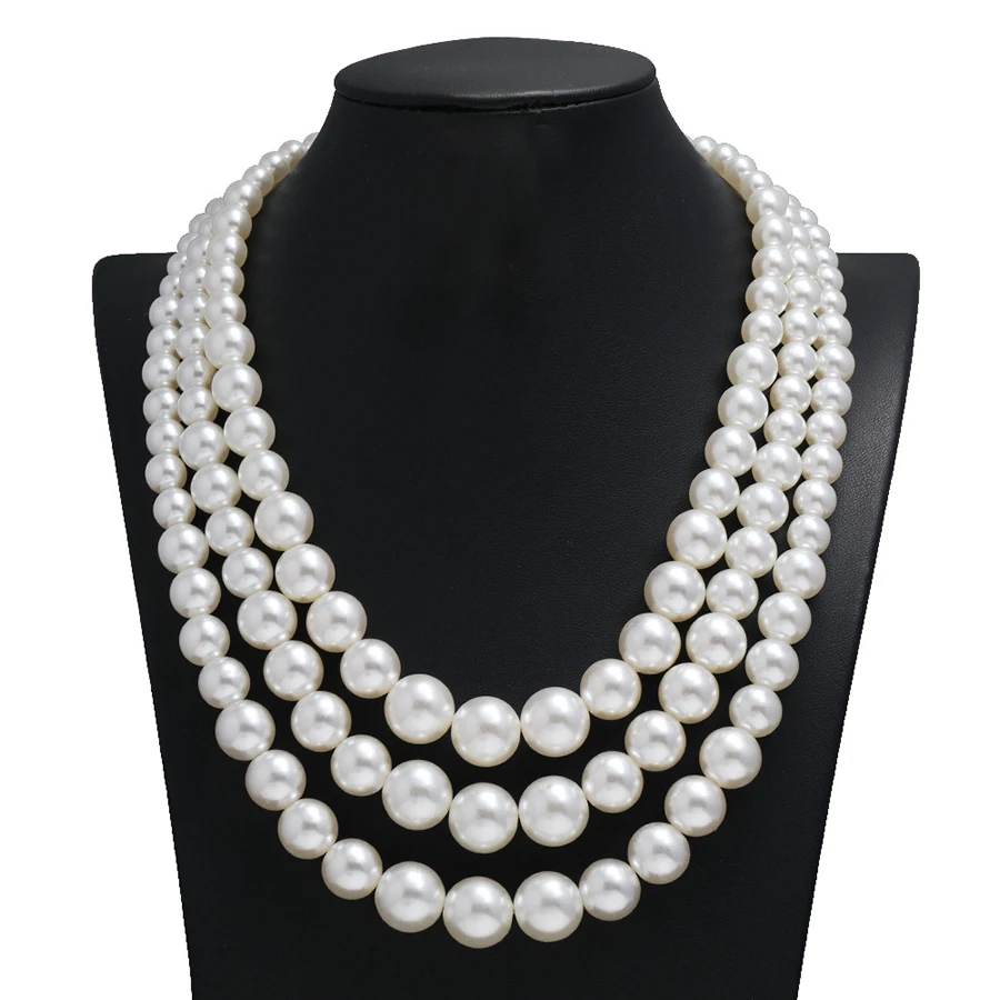 High Quality Fashion Handmade 3-layer Big White Simulated Pearl Necklace for Women's Mom Necklace Wedding Party Jewelry Gift