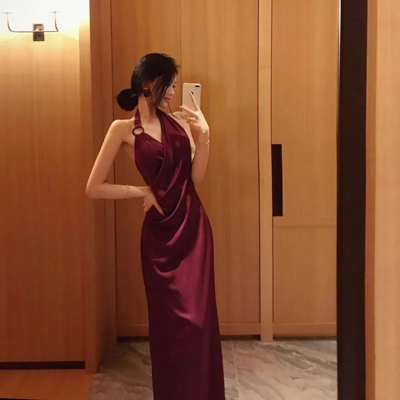 セクシーなVネックサテンホルターネックバースデーパーティー乾杯用イブニングウエストシェイプドレス