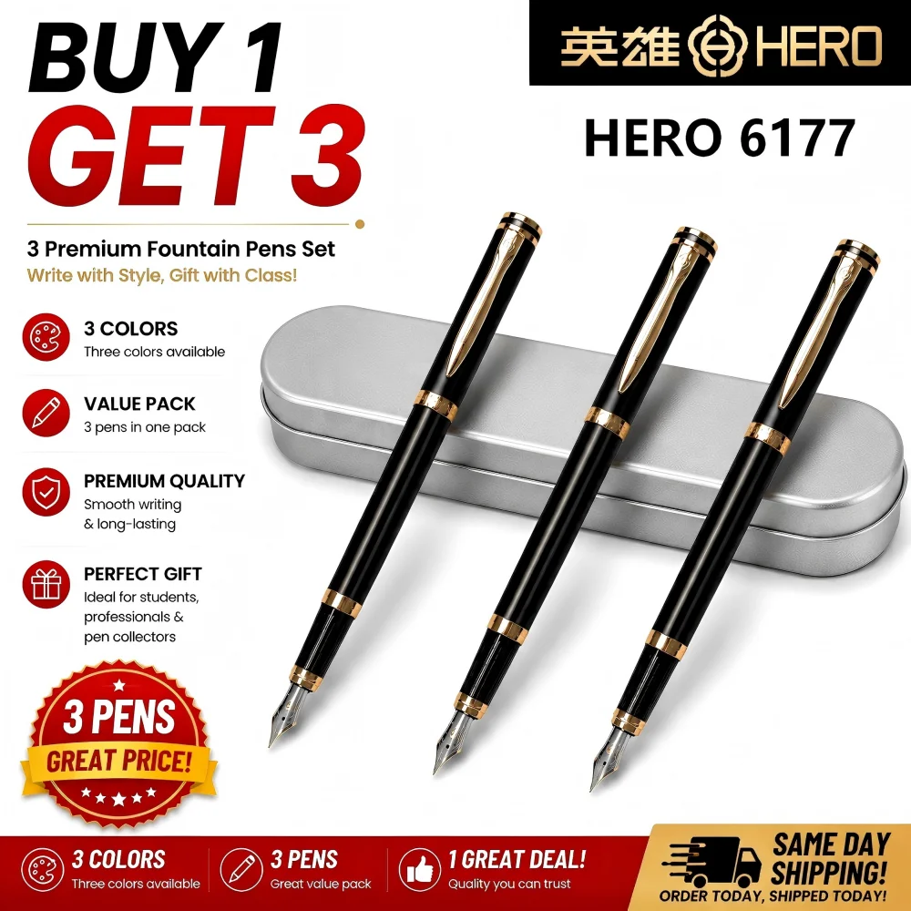 Ensemble économique 3 couleurs Hero 6177, stylo plume professionnel, corps entièrement métallique, pointe standard 0,5 mm, kit d'écriture fluide, emballé avec de l'encre, cadeau