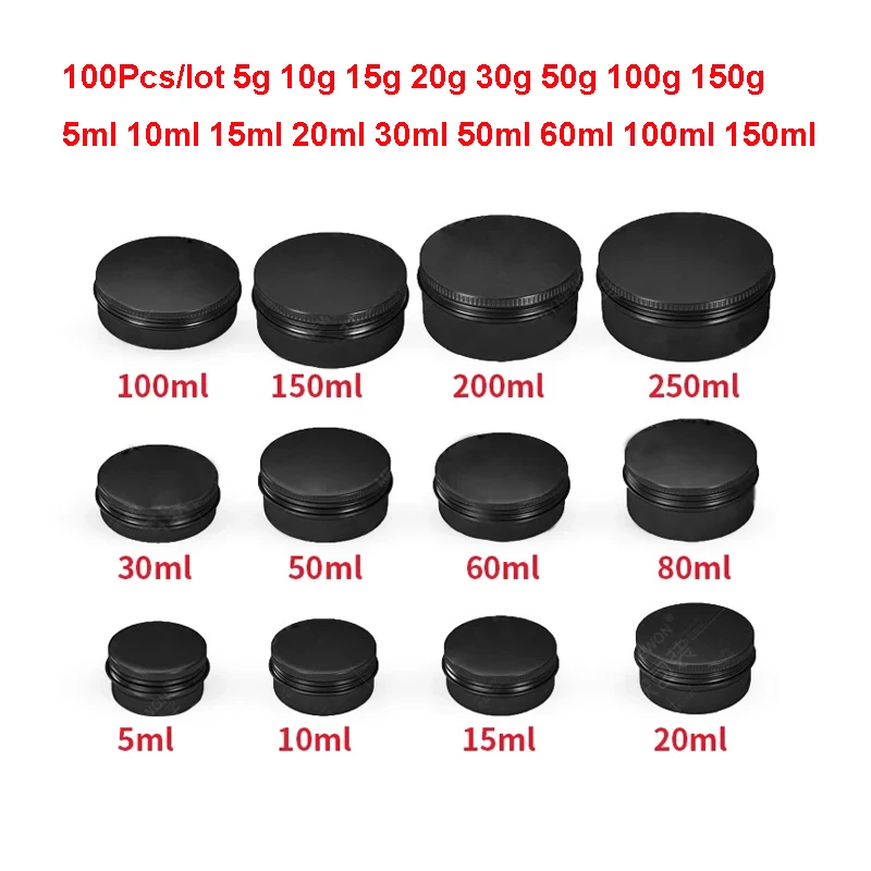 100pcs 5g 10g 15g 30g 50g 80g 100g 150g Black Aluminium Tin Jars Makeup Cream Lip Balm Container Empty Candle Tea Cans Metal Box