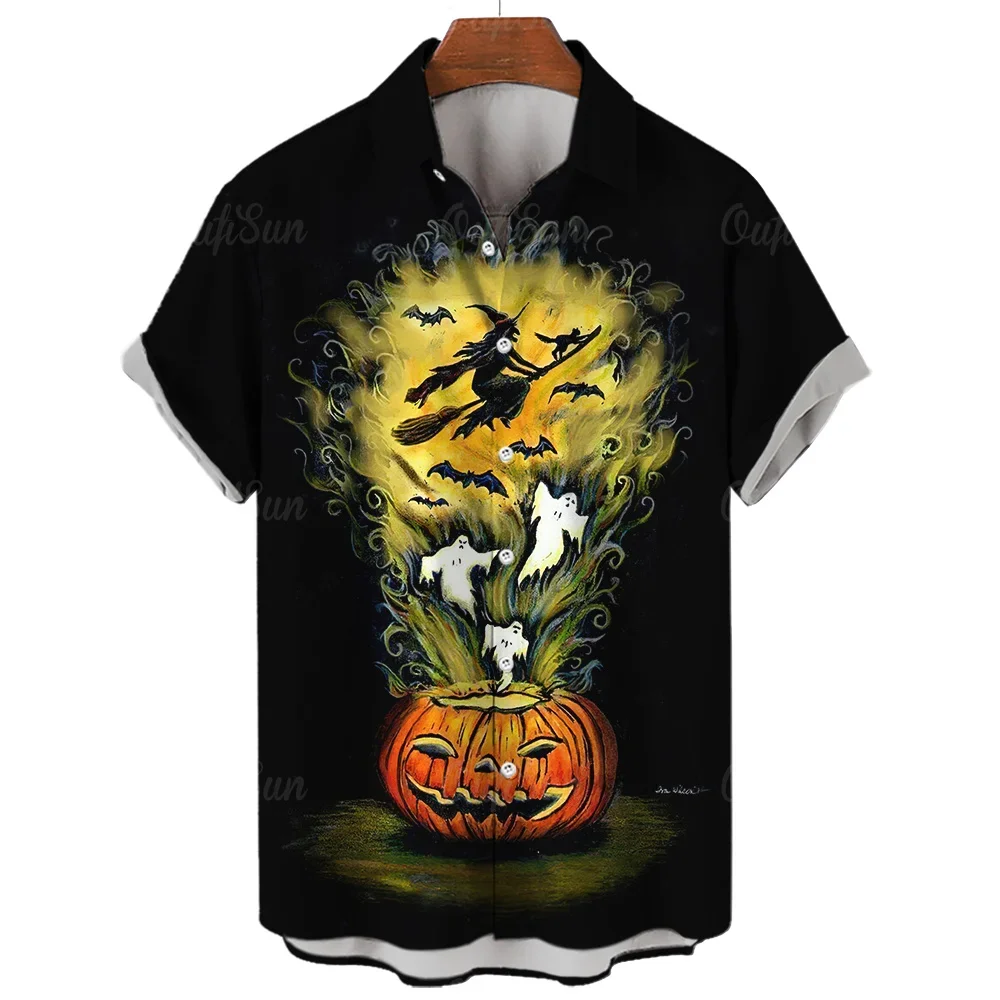 

Halloween Jack-O-Lantern Witch Print Men's Shirt Comfortable Casual Men's Fashion Short Sleeve Lapel Top Hawaiian Men's Shirt