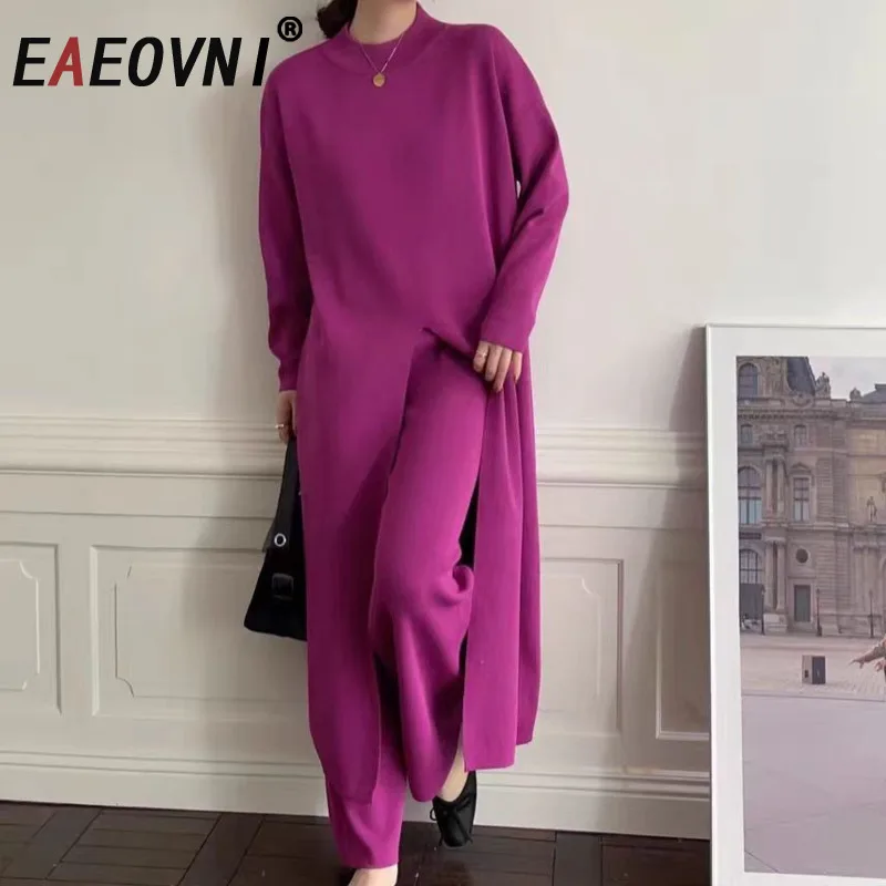 EAEOVNI بلون محبوك 2 قطعة مجموعة النساء شتاء جديد سبليت تصميم سترة طويلة واسعة الساق السراويل السراويل ملابس كاجوال