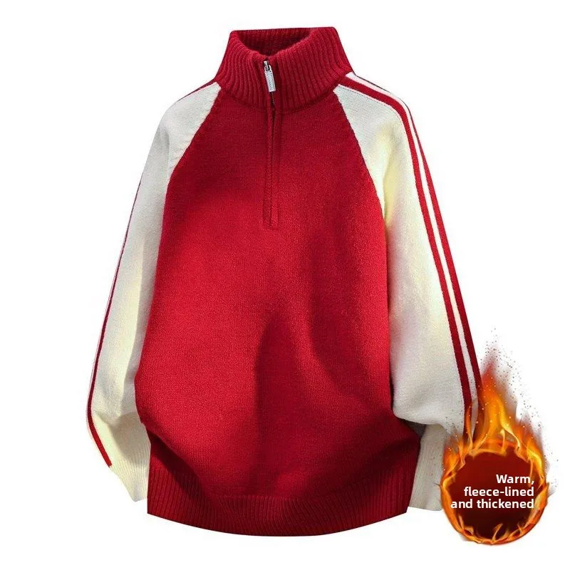 

Мужской зимний утепленный вязаный свитер на флисовой подкладке с воротником на молнии, повседневный, универсальный, в полоску, модный, незаменимый для поездок на работу