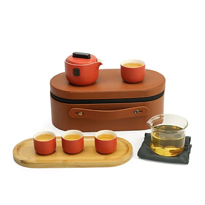 Ceramic Portable Travel Outdoor Tea Set Teaware Chinese Kungfu Teapot Tea Cup Pot Kettle For Red Wedding Newlywed Souvenir