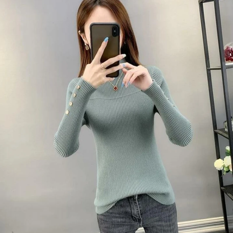 Slim Sweaters Women Stand Solid 6 Color Office Lady All-match Knitwear Korean Style Streetwear Elegant Popular Stretchy Simple