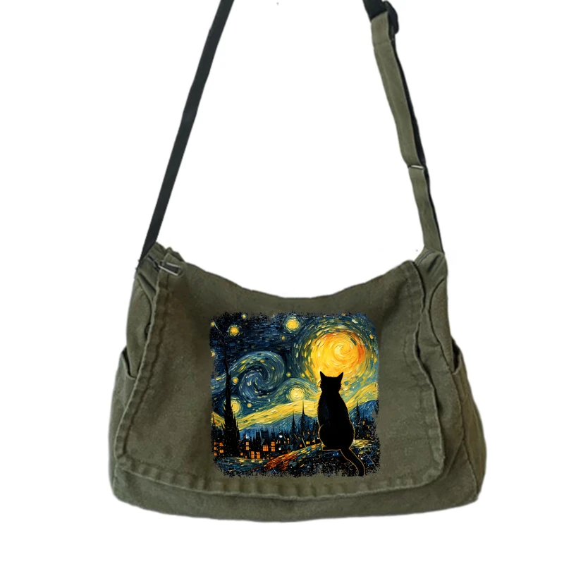 

Художественная женская сумка через плечо, парусиновая сумка с принтом кота, большая вместительная сумка-мессенджер, сумка через плечо для повседневного использования