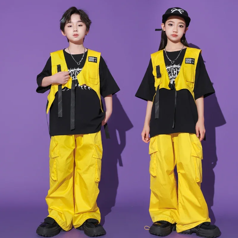 Hip Hop Outfits Boys Cool Tshirt Yellow Vest Cargo Pants Girls Jazz Street Dance Clothes Sets Child Streetwear Kids Costumes