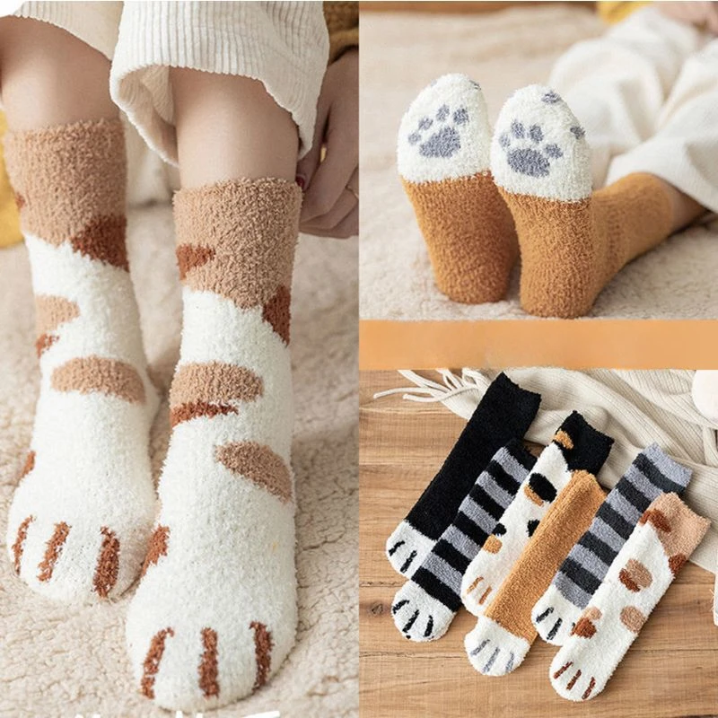 

Dog Cat Paw Pattern Female Kawaii Cartoon White Socks for Women Cute Fleece Warm Funny Socks Home Floor Sleeping Coral Fleece