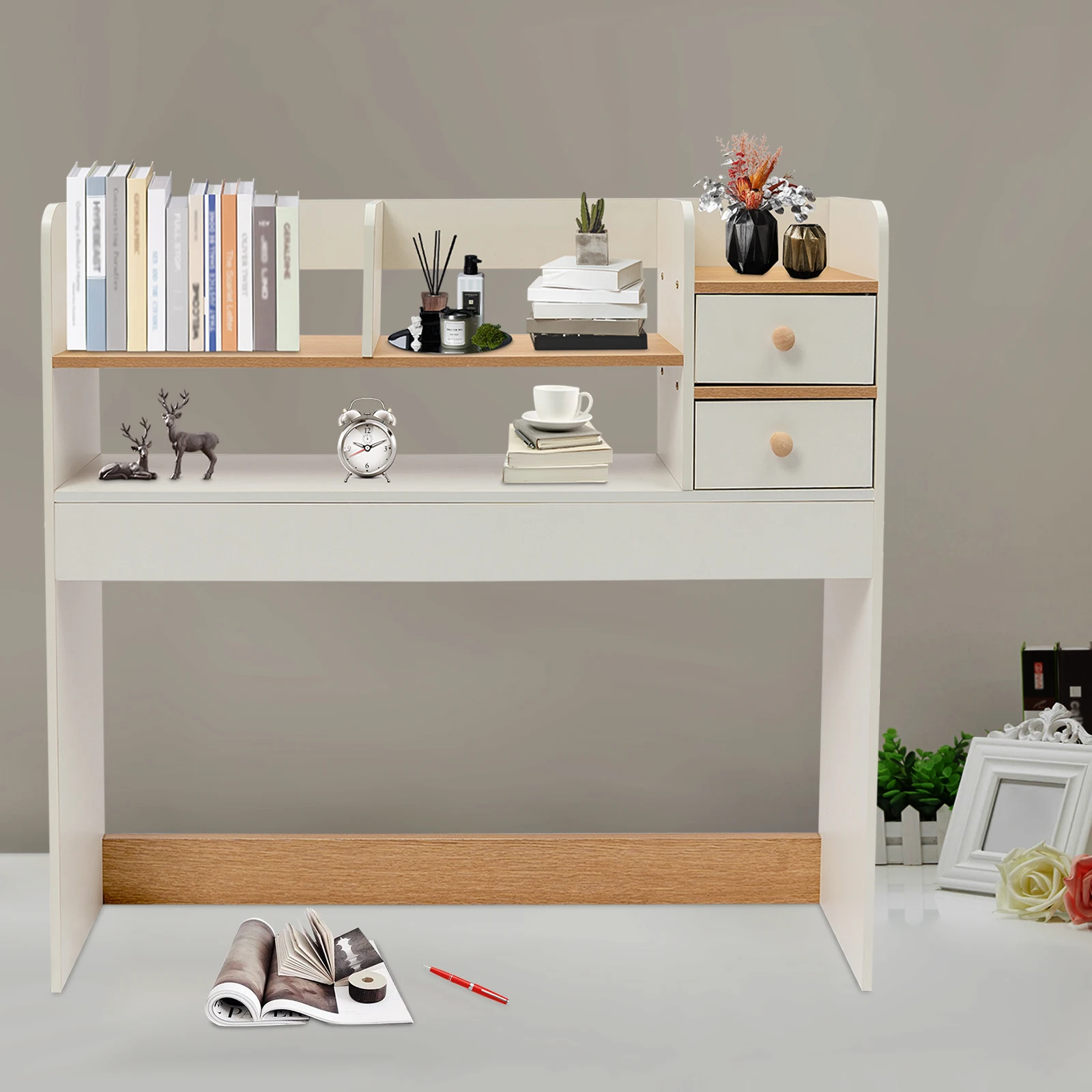 

Настольная книжная полка для хранения вещей на 7 мест, МДФ + фанера, нагрузка 22,5 фунтов, настольное крепление, компактный органайзер для офиса/кабинета/файлов книг