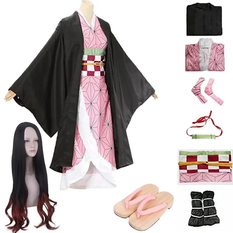 Disfraz de Cosplay de Kamado Nezuko, Kimono de Anime, uniforme de Peluca de Kamado Nezuko, ropa de Halloween para hombres, mujeres y niños