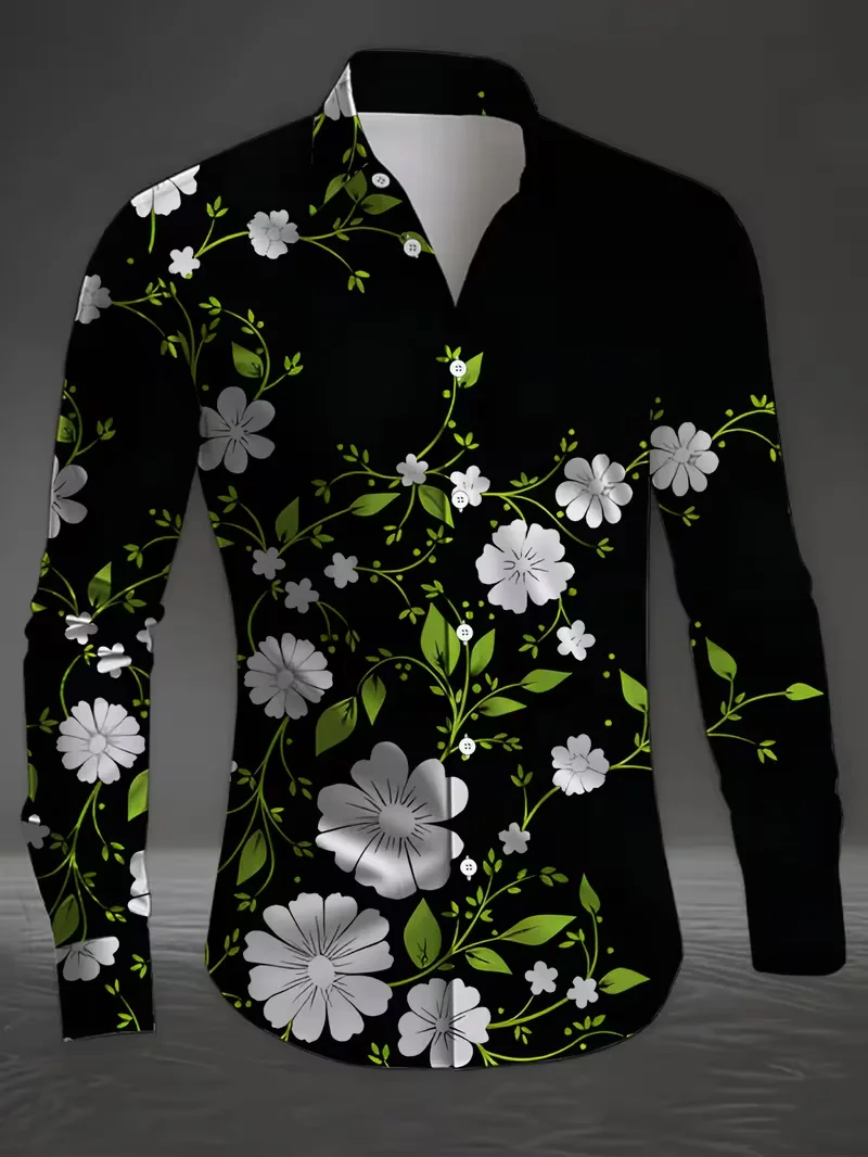 

Новая мужская рубашка с длинными рукавами и 3D цветочным принтом с геометрическим узором, повседневная модная рубашка с длинными рукавами и принтом