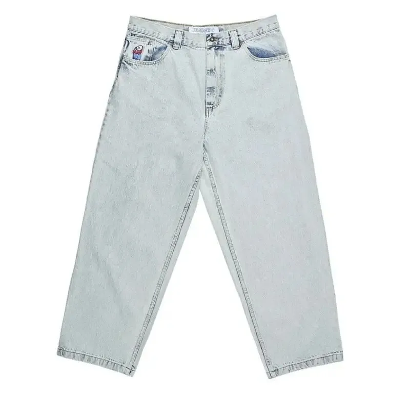 レトロブルーだぶだぶのスケートボードストリートリトルレッドマン刺繍ハイウエストジーンズ Y2K カップルファッションバスケットボールパンツ服