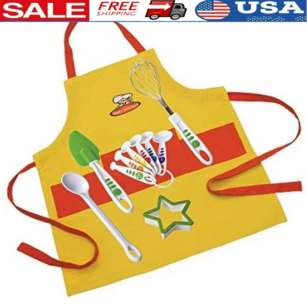 

11 Piece Kids Cooking Kit Real Tools Baking Utensils Children Dishwasher Safe BPA Free Includes Apron Cookie Cutter Whisk