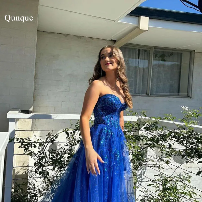 

Qunque Royal Blue Shiny Tulle Prom Dresses Long Sweetheart Zip Back Evening Party Gowns Lace Appliques Women Düğün Parti Elbis