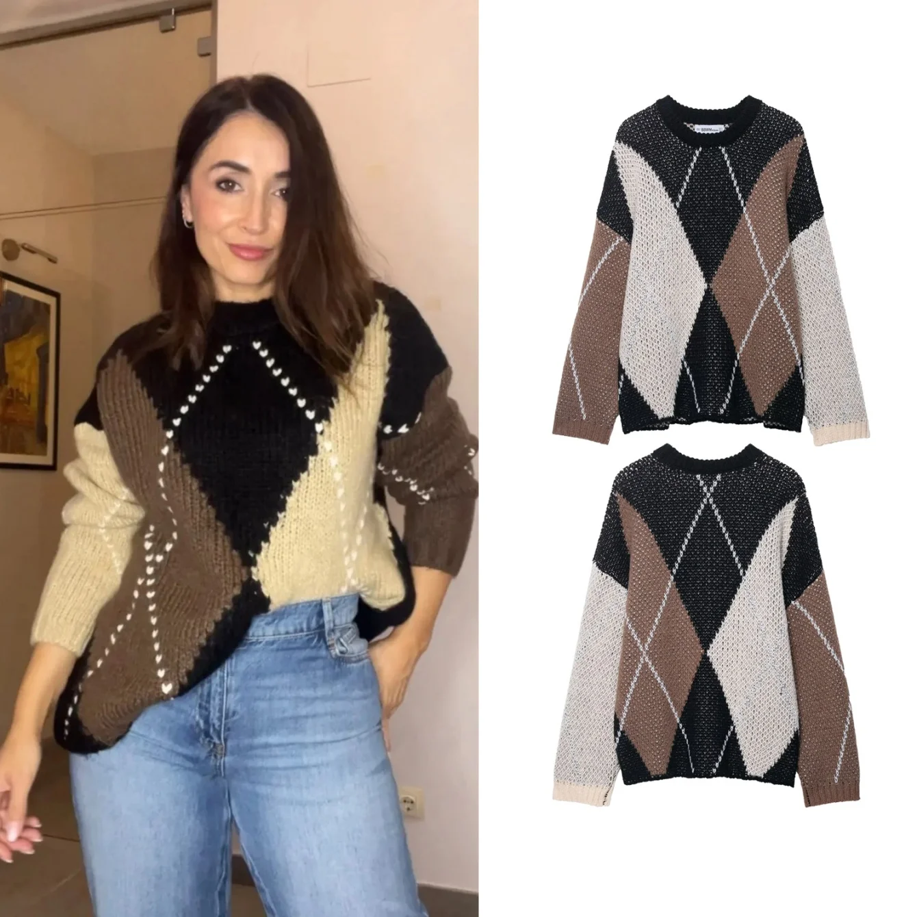 

Female O-Neck Full Sleeve Short Loose Sweater Women Chic Casual Plaid Kintted Pullover 2025 Autumn Daily Commute OL Pullovers