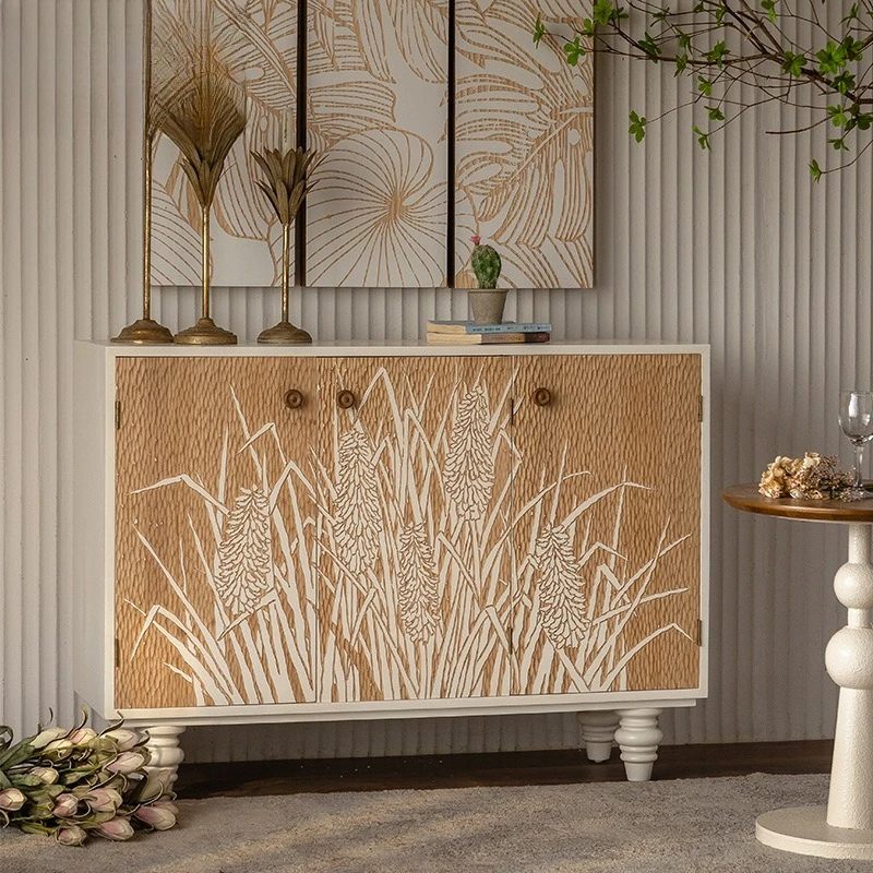 Wabi Sansan wind solid wood carving flower meal side cabinet plant stamen pattern side cabinet entrance entrance aisle cabinet