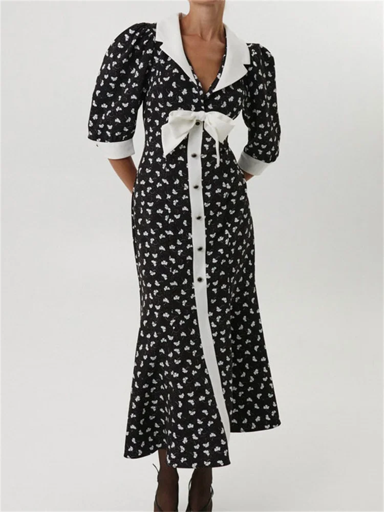 

Tossy Tee Bow Printed Fashion Maxi Dress For Women V-Neck Patchwork Elegant Commute Party Dress Female Bandage Summer Dress 2025