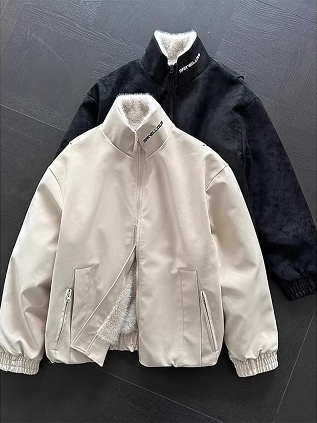 

Thiened American Embroidery PU Leather Stand Collar Mountain Eagle Cotton Jaet Men's Sle Winter Warm Outerwear