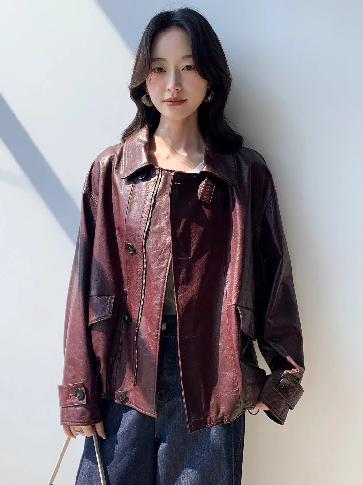 Lässige kurze Echtlederjacken für Damen, Frühling und Herbst 2022, neuer High-End-einfacher, lockerer, weicher Mantel aus echtem Ziegenleder