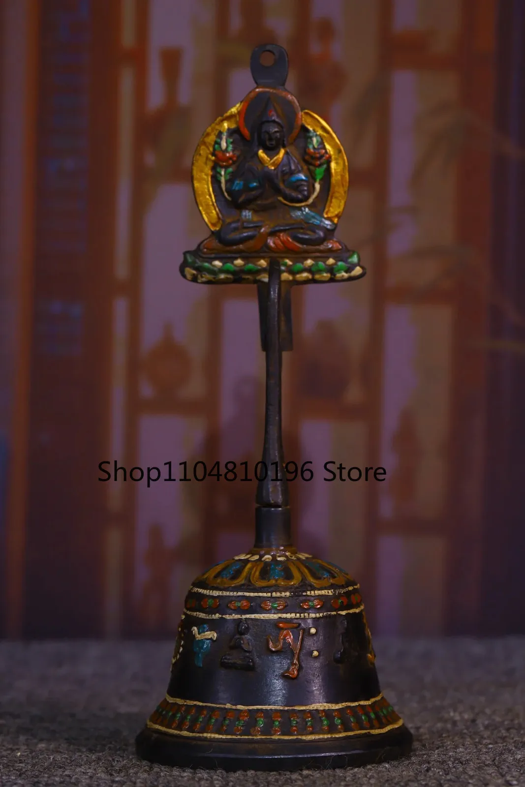 Bronze Painted Tsongkhapa Buddha Bell Sanskrit pattern Ring A bell Amulet Dharma