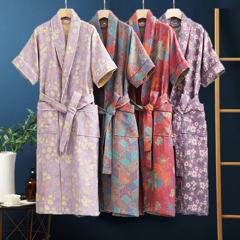 100% Cotton Flower Jacquard Nightgown Bathrobe Home Dressing Gown Sleep Wear Pyjamas Soft Comfortable Dressing New Gauze Robes