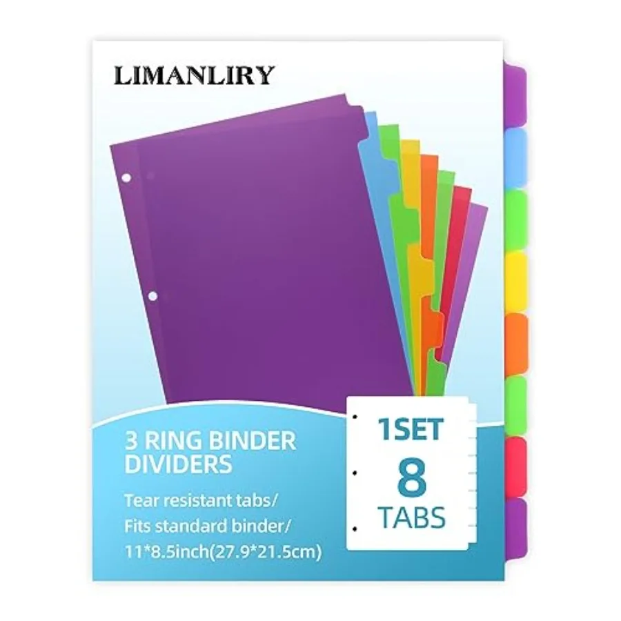 

3 Set Plastic Binder Dividers with Tabs, Multicolor Index with 8-Tabs, Divider for 3 Ring Binder